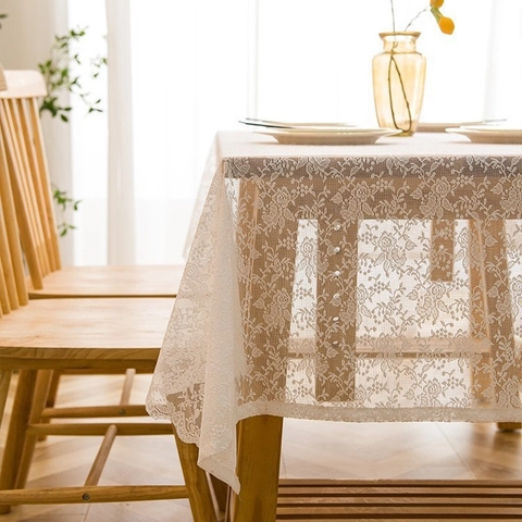 Floral Lace Tablecloth Hollow Rose Embroidery Scalloped Edge Cotton Polyester French Vintage Dining Decor Rectangle White
