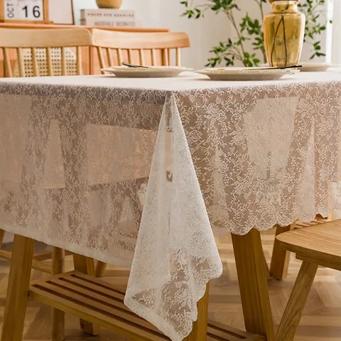Floral Lace Tablecloth Hollow Rose Embroidery Scalloped Edge Cotton Polyester French Vintage Dining Decor Rectangle White