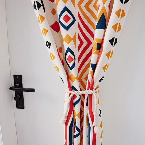 Bohemian Geometric Pattern Door Curtain Polyester Partition Screen For Kitchen Bathroom Decorative Ethnic Grommet Top