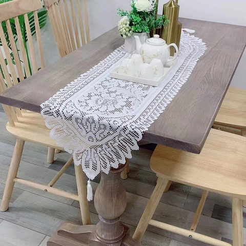 Camino De Table De Encaje Blanco Calado Floral Borla Estilo Pastoral Americano Vintage Decoración De Mesa