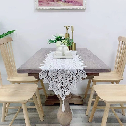 Camino De Table De Encaje Blanco Calado Floral Borla Estilo Pastoral Americano Vintage Decoración De Mesa