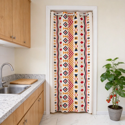 Bohemian Geometric Pattern Door Curtain Polyester Partition Screen For Kitchen Bathroom Decorative Ethnic Grommet Top