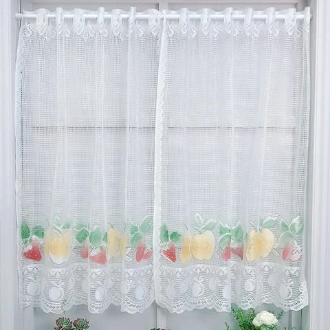 White Lace Cafe Curtain Fruit Print Scalloped Edge Pastoral Short Window Curtain For Kitchen Living Room Home Decoration