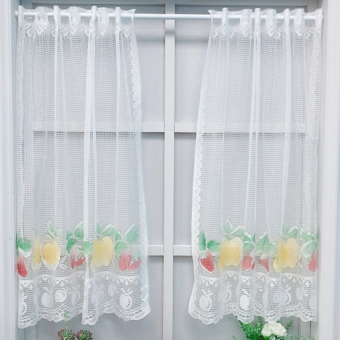 White Lace Cafe Curtain Fruit Print Strawberry Lemon Pattern Scalloped Edge Half Window Drapes For Kitchen Cabinet Decor