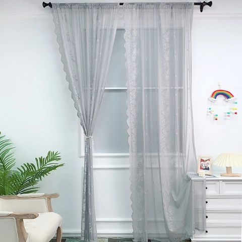 Sheer Lace Curtains Floral Embroidery Scalloped Edge Light Filtering Window Screening For Bedroom Living Room Rod Pocket