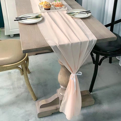 Chiffon Table Runner Sheer Semi Transparent Solid Color Long With White Ribbons For Wedding Party Banquet Event Home Decor Romantic