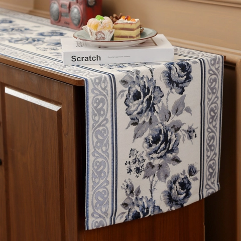 New Chinese Style Blue Rose Embroidery Table Runner Polyester Rectangular Cabinet Cover Cloth For Living Room Dining Decoration