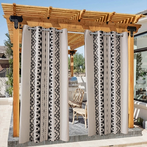 Rideaux Extérieur Imperméables Occultants À Oeillets Motif Géométrique Bohème Imprimé Pour Patio Pergola Gazebo