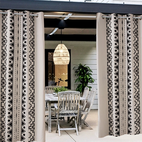Rideaux Extérieur Imperméables Occultants À Oeillets Motif Géométrique Bohème Imprimé Pour Patio Pergola Gazebo
