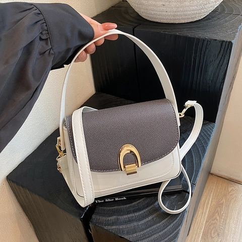 Vintage Patchwork Crossbody Saddle Bag PU Leather Fabric Texture Gold Horseshoe Lock Small Shoulder Messenger Bag For Women