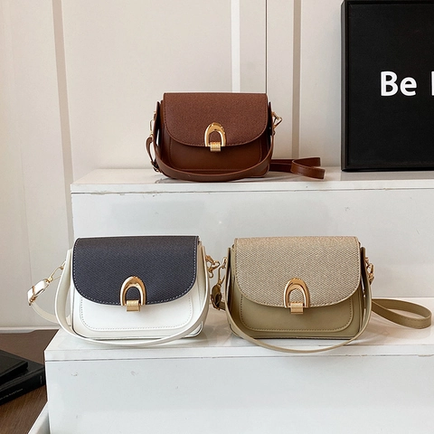 Vrouwen Vintage PU Leer Kleine Vierkante Tas Met Paardenbit Gesp Goud Metalen Slot Kleurblok Schouder Crossbody Tas Voor Dagelijks Gebruik