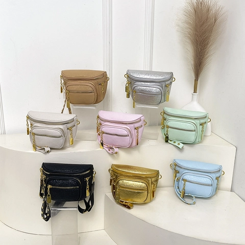 Fashion Women PU Leather Chest Bag With Gold Lock Decor Wide Rivet Strap Large Capacity Crossbody Waist Bag Casual Travel Sling Bag