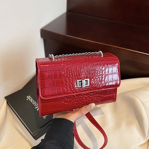 Crocodile Pattern PU Leather Crossbody Bag Chic Metal Chain Shoulder Bag Small Square Handbag Silver Twist Lock Women