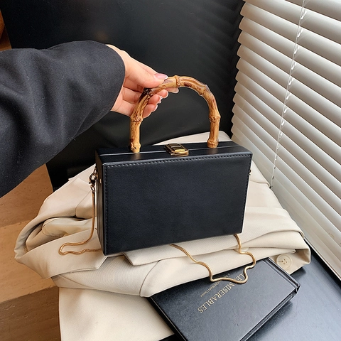 Retro Bamboo Handle Crossbody Box Bag PU Leather Metallic Chain Shoulder Bag For Women Vintage Party Small Square Handbag