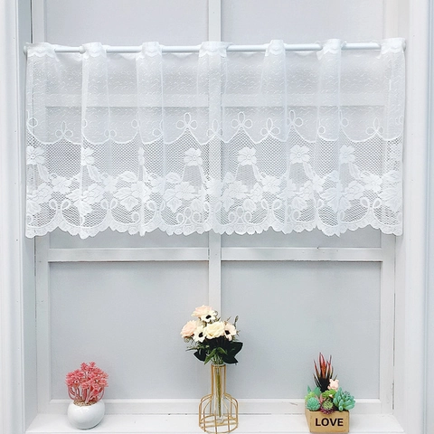 Cortina de Café de Encaje Blanco Nórdico Flores de Lirio Borde Festoneado Bolsillo para Varilla Panel de Ventana Corto