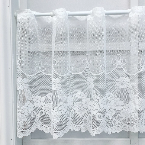 Cortina de Café de Encaje Blanco Nórdico Flores de Lirio Borde Festoneado Bolsillo para Varilla Panel de Ventana Corto