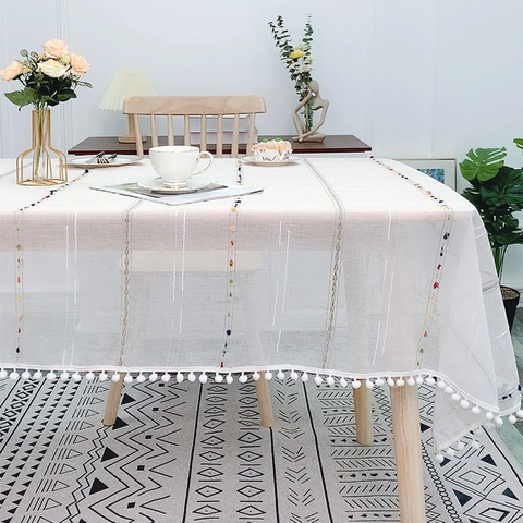 Nordic Tablecloth Rainbow Striped Embroidery Pom Pom Tassel Rectangular Decorative Gauze Cover Kitchen