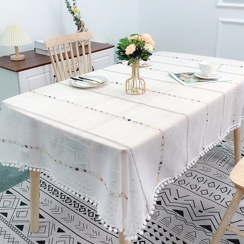 Nordic Tablecloth Rainbow Striped Embroidery Pom Pom Tassel Rectangular Decorative Gauze Cover Kitchen