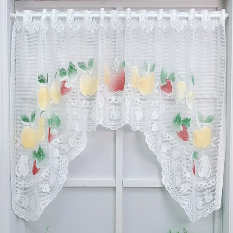 Pastoral White Lace Cafe Curtain Fruit Print Scalloped Edge Rod Pocket Half Curtain For Kitchen Cabinet Decoration