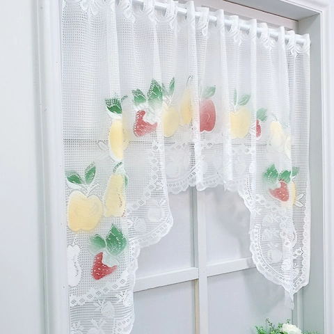 Pastoral White Lace Cafe Curtain Fruit Print Scalloped Edge Rod Pocket Half Curtain For Kitchen Cabinet Decoration