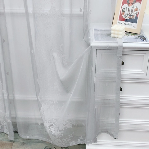 Sheer Lace Curtains Floral Embroidery Scalloped Edge Light Filtering Window Screening For Bedroom Living Room Rod Pocket