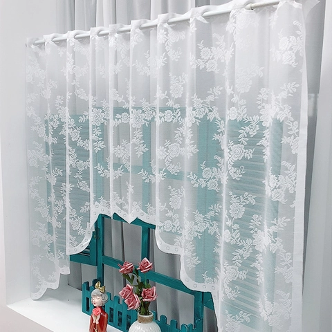 Nordic White Lace Rose Cafe Curtain Scalloped Edge Embroidery Small Window Rod Pocket Partition Door Curtain Home Decor