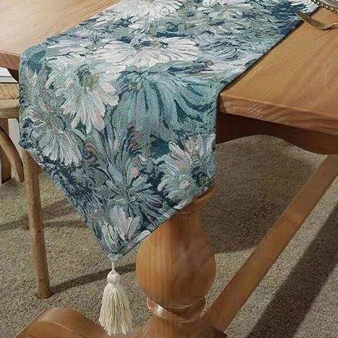 Camino De Mesa Jacquard Vintage Con Borlas Patrón Floral Poliéster Estilo Pintura Al Óleo Americana Para Decoración Del Hogar
