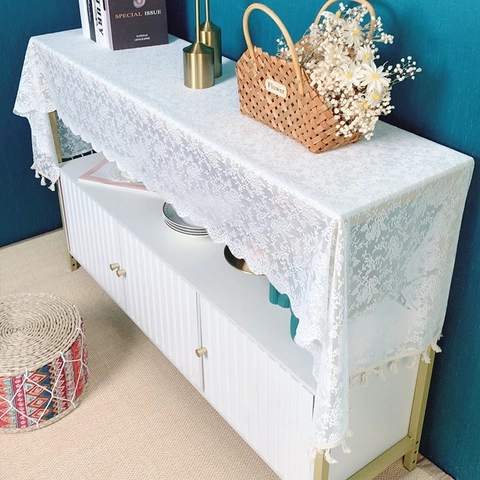 White Lace Table Runner With Tassels Floral Pattern Decorative Tablecloth Cover For Cabinet Coffee Table Wedding Party Home Decor
