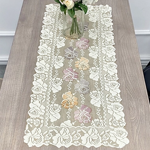 Runner da Tavolo in Pizzo Vintage Ricamo a Rose Traforato Bordi a Festoncini Poliestere Tovaglia Floreale Decorazione Casa