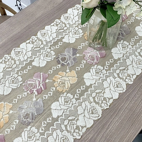 Runner da Tavolo in Pizzo Vintage Ricamo a Rose Traforato Bordi a Festoncini Poliestere Tovaglia Floreale Decorazione Casa