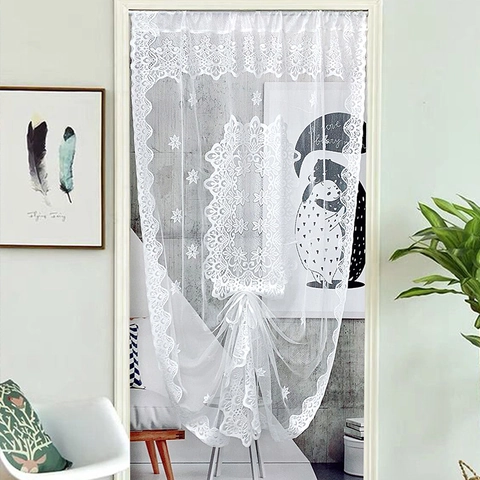 Tenda Per Porta In Pizzo Bianco Ricamo Floreale Stile Principessa Francese Bordo Festonato Trasparente Con Fiocco