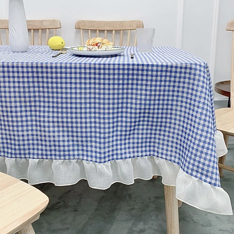 Blue Gingham Tablecloth With White Ruffled Edge Cotton Linen Fresh Checkered Plaid Rectangular Table Cover Decor