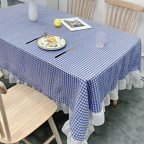 Blue Gingham Tablecloth With White Ruffled Edge Cotton Linen Fresh Checkered Plaid Rectangular Table Cover Decor