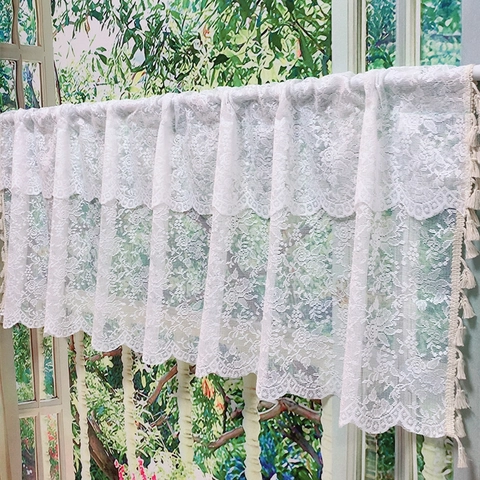 Weißer Floral Spitzen Café Vorhang Mit Quasten Stangentasche Kurze Küchen Trennwand Fenster Valance Amerikanischer Nordischer Stil