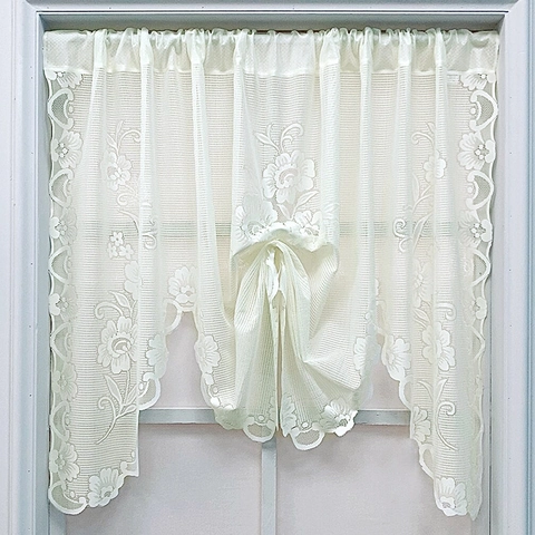 French Pastoral Lace Roman Curtain Floral Embroidery Scalloped Edge Small Window Gauze Curtain For Kitchen Bedroom Partition Door Curtain