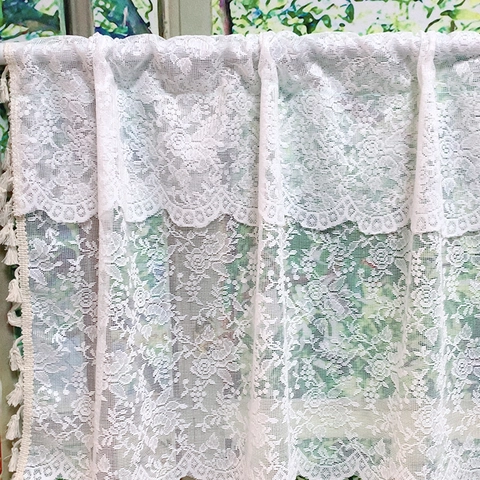 Weißer Floral Spitzen Café Vorhang Mit Quasten Stangentasche Kurze Küchen Trennwand Fenster Valance Amerikanischer Nordischer Stil