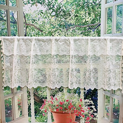 Rideau de Café en Dentelle Blanche Nordique Américaine Broderie Florale Bord Festonné Rideau Court pour Meuble Cuisine Décor