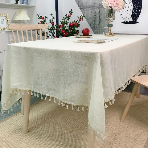 Rectangular Tablecloth Linen Texture Solid Color With Tassel Fringe For Dining Table Nordic Boho Style Home Decor