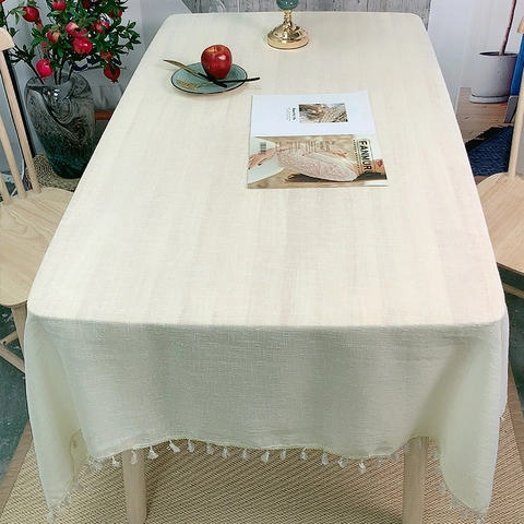 Rectangular Tablecloth Linen Texture Solid Color With Tassel Fringe For Dining Table Nordic Boho Style Home Decor
