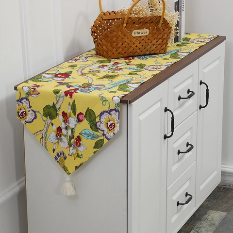 Yellow Floral Bird Table Runner With White Tassels Polyester Fabric For Dining Room Coffee Table Pastoral Home Decor