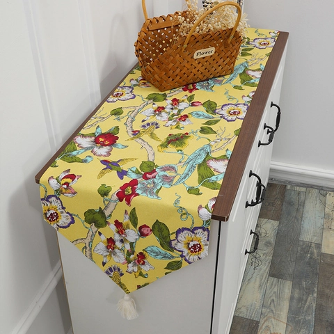 Yellow Floral Bird Table Runner With White Tassels Polyester Fabric For Dining Room Coffee Table Pastoral Home Decor