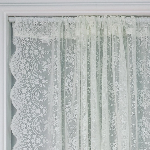 White Floral Lace Curtains Sheer Voile Window Panels Scalloped Edge Rod Pocket French Vintage Style Living Room