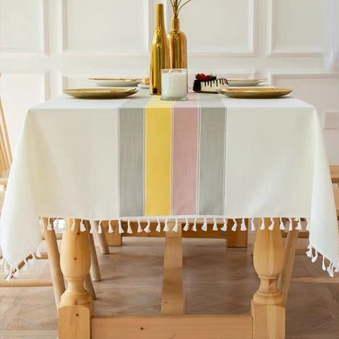Striped Rectangular Tablecloth Nordic Minimalist Cotton Linen Texture Dustproof Heat Resistant Protective Cover With Tassels