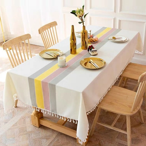 Striped Rectangular Tablecloth Nordic Minimalist Cotton Linen Texture Dustproof Heat Resistant Protective Cover With Tassels