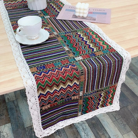 Bohemian Woven Table Runner With White Lace Edge Multicolor Geometric Wave Pattern Polyester Ethnic Style Table Decor