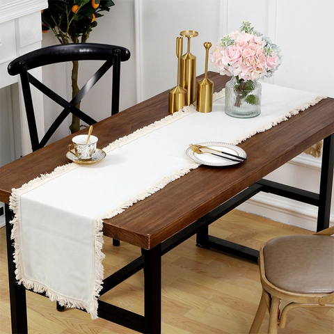 Chemin De Table En Coton Et Lin Avec Franges Glands Nordique Boho Minimaliste Décoration Pour Table À Manger