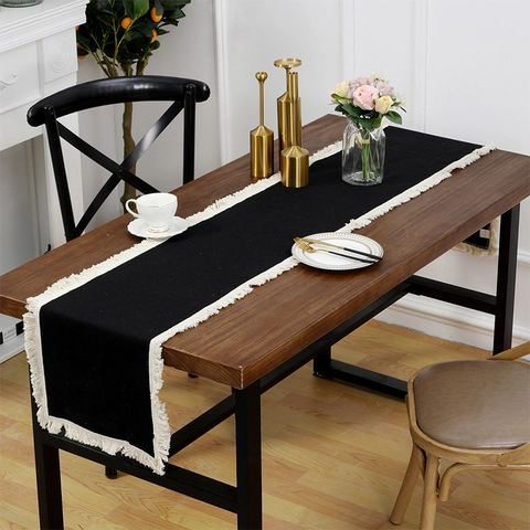 Modern Minimalist Woven Table Runner With Tassels Solid Color Thick Fabric Table Runner For Home Dining Table Decor