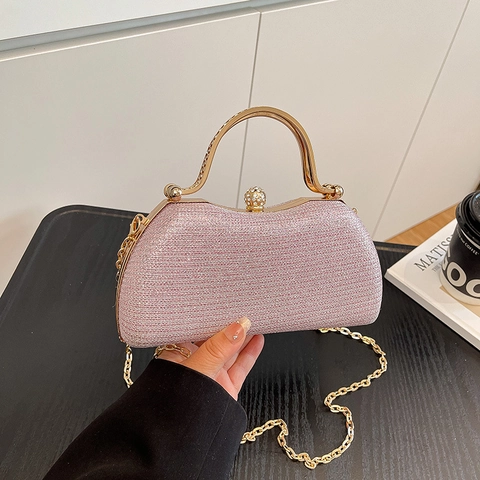 Elegant PU Sequin Glitter Evening Clutch Bag For Women Fashion Rhinestone Ball Clasp Metal Handle Chain Crossbody Box Bag Party Wedding Handbag