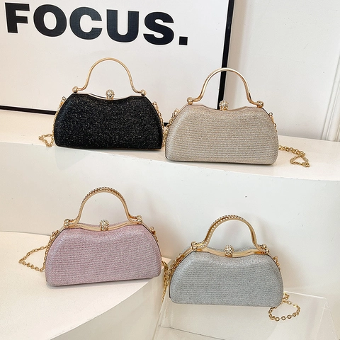 Elegant PU Sequin Glitter Evening Clutch Bag For Women Fashion Rhinestone Ball Clasp Metal Handle Chain Crossbody Box Bag Party Wedding Handbag