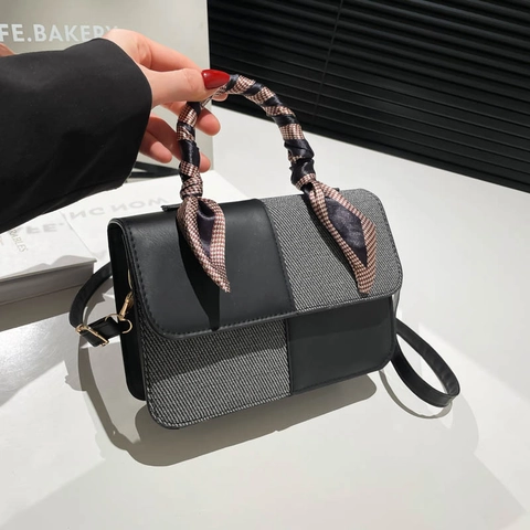 Women PU Leather Stitching Contrast Color Crossbody Bag With Satin Scarf Handle Small Square Shoulder Bag
